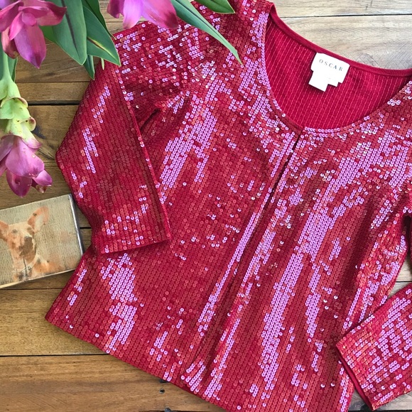 red sequin cardigan